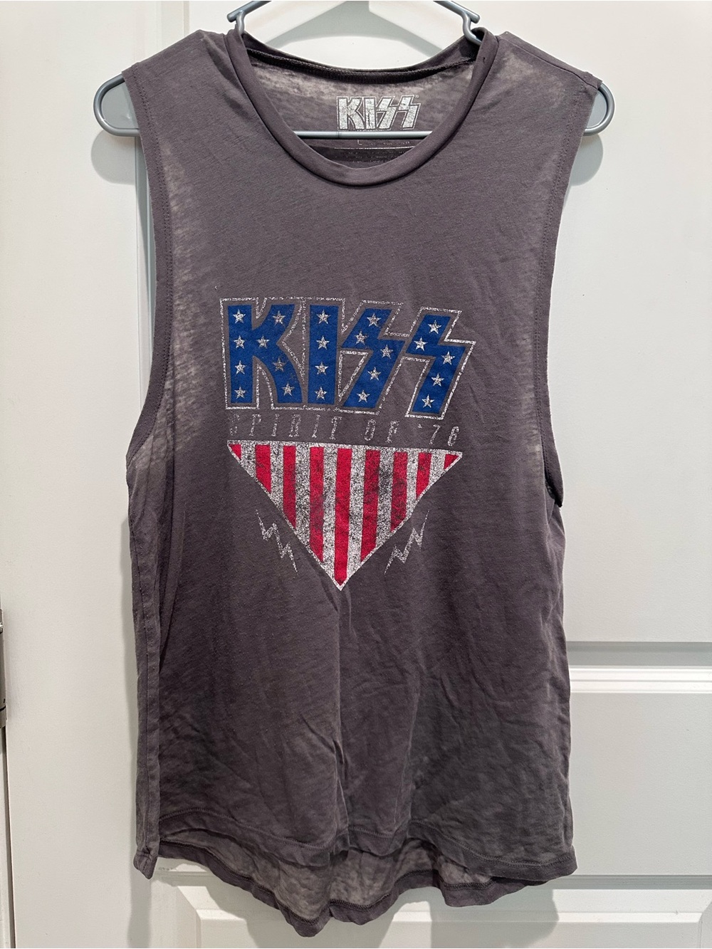 Kiss Gray Muscle Tank with Red & Blue Flag Graphic